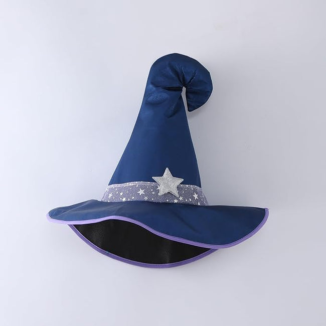 Rochie de vrăjitoare pentru fetițe, cu pălărie, baghetă și gentuță – costum cu steluțe pentru Halloween și petreceri tematice